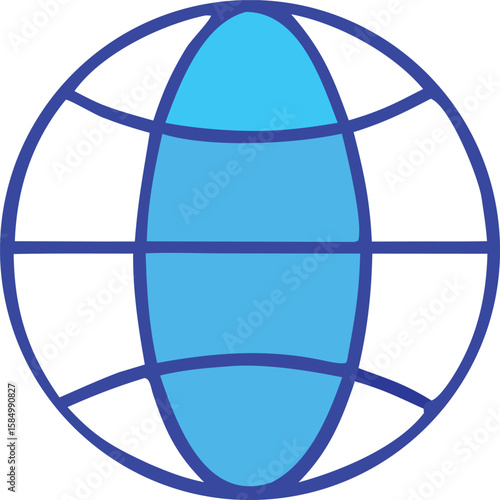 A stylized simplified globe icon featuring a central blue oval representing landmasses and intersecting blue lines symbolizing meridians and parallels on a white background