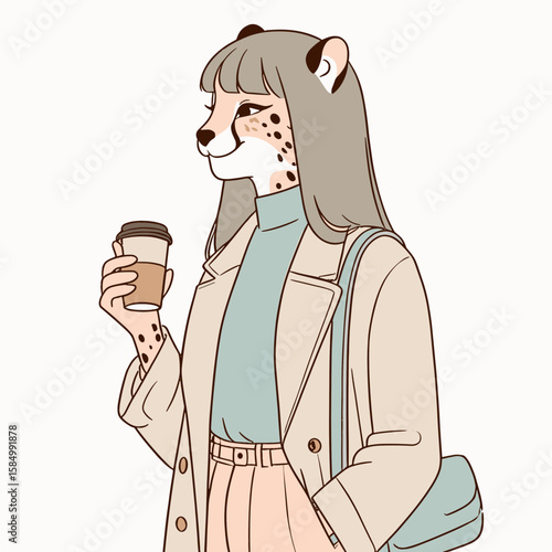 A cartoon cheetah woman wearing trench coat and holding coffee. Clipart Silhouette Vector Illustration Line Art Illustration. Feline lady in grasping joe comic animal with beverage.
