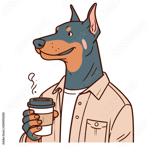 A cartoon Doberman pinscher dog wearing shirt and holding coffee. Clipart Silhouette Vector Illustration Line Art Illustration. Comic canine in top carrying brew digital.