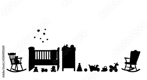 Silhouette of a charming baby's nursery filled with furniture and toys.