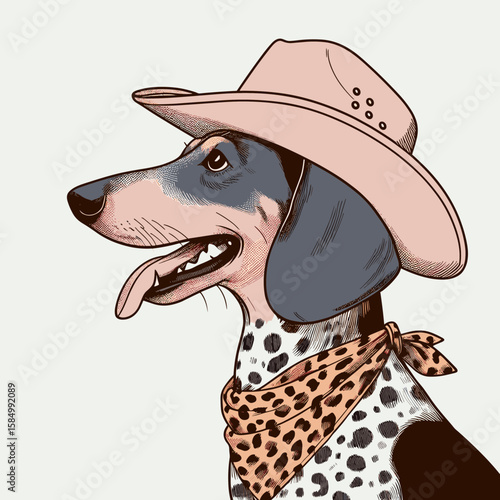 A cartoon dog wearing pink cowboy hat and polka dot. Clipart Silhouette Vector Illustration Line Art Illustration. Comical canine in rose headgear with speck farm theme pup.