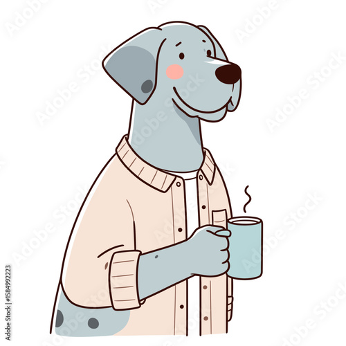 A cartoon dog wearing shirt is holding coffee. Clipart Silhouette Vector Illustration Line Art Illustration. Canine in garment clutching beverage comical puppy having warm brew.