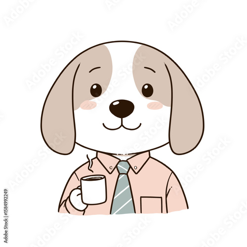 A cartoon dog wearing tie and holding coffee. Clipart Silhouette Vector Illustration Line Art Illustration. Comical canine in neckwear gripping brew funny animal.