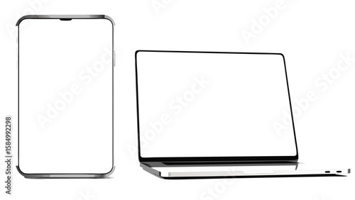 Illustration of a smartphone standing next to an open laptop with blank white screens displayed clearly