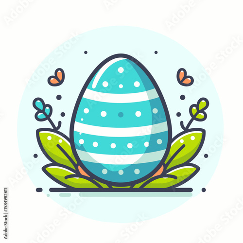 A cartoon illustration of an Easter egg with blue and white striped pattern polka. Clipart Silhouette Vector Line Art Illustration. Fun cheery drawing festivity having azure pale bands.