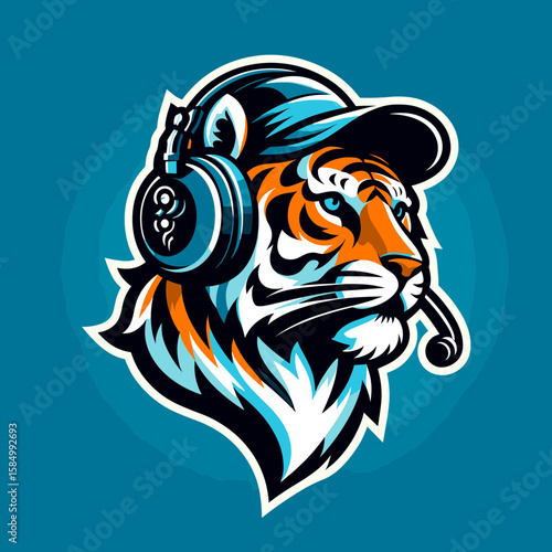 A cartoon tiger wearing hat and. Clipart Silhouette Vector Illustration Line Art Illustration. funny feline with cap also enjoys nice day out in nature.