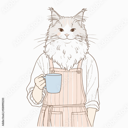 A cute cat wearing an apron and holding coffee. Cartoon Clipart Silhouette Vector Illustration Line Art Illustration. Charming feline in garment with warm drink happy pet photo cafe theme.