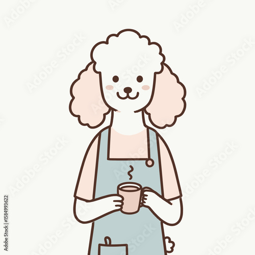 A poodle dog wearing an apron is holding coffee. Cartoon Clipart Silhouette Vector Illustration Line Art Illustration. Canine in garb grips beverage domestic animal kitchen garment has hot.