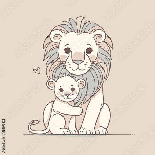 A simple line drawing of lion and his. Cartoon Clipart Silhouette Vector Illustration Art Illustration. basic outline large cat its offspring young one.