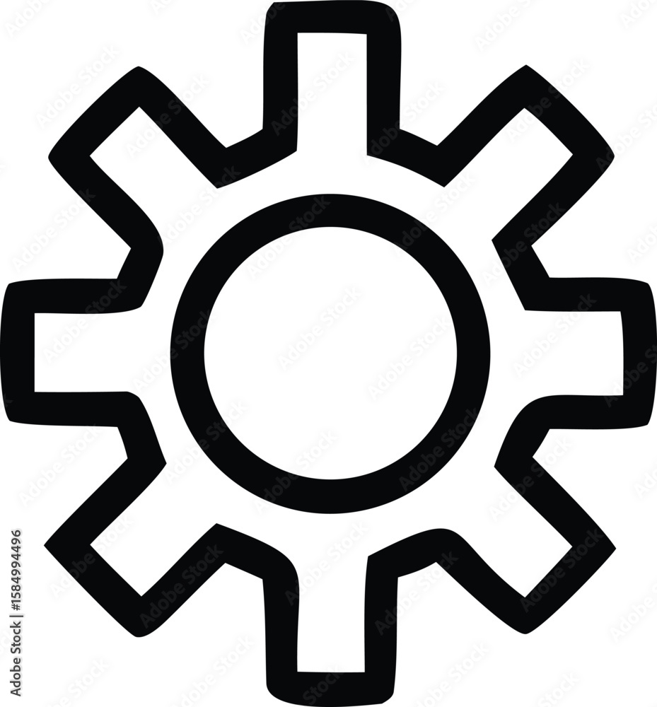 A stylized black outline of a gear with eight distinct teeth and a central circular opening on a clean white background A stylized black outline of a gear with eight distinct teeth and a central circular opening on a clean white background