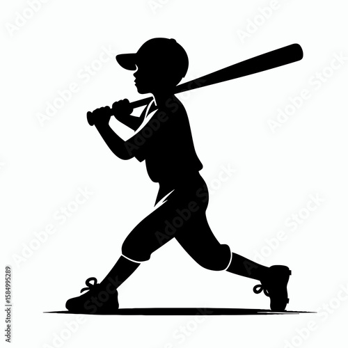 Little league baseball player swings bat at. Cartoon Clipart Silhouette Vector Illustration Line Art Illustration. .