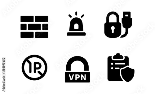 Cybersecurity icons collection featuring firewall, alarm, and vpn