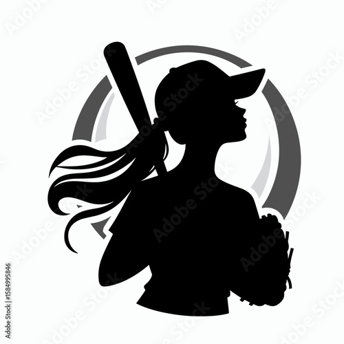 Softball girl. Cartoon Clipart Silhouette Vector Illustration Line Art Illustration. Young female playing hardball junior sport activity game recreation.