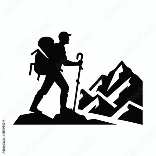 The image is a black and white silhouette of person hiking up a. Cartoon Clipart Vector Illustration Line Art Illustration. .
