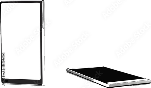 Two smartphones one standing upright and one laying down on a plain white surface clearly visible