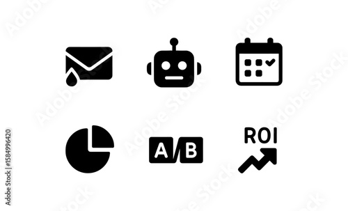 Minimalist business icons: email, ai, calendar, analytics, a/b testing, roi