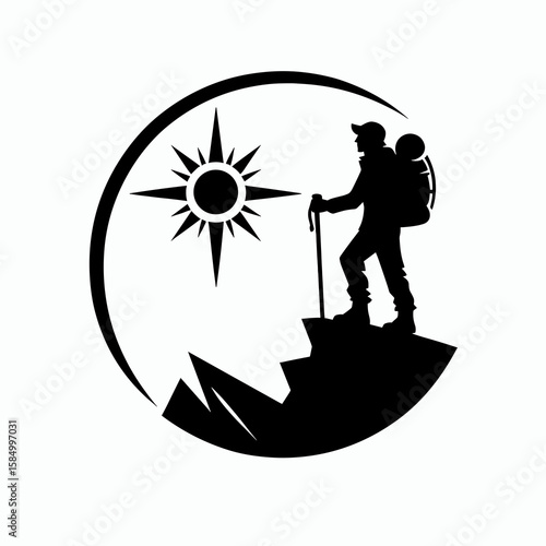 The image shows a person hiking up a. Cartoon Clipart Silhouette Vector Illustration Line Art Illustration. .
