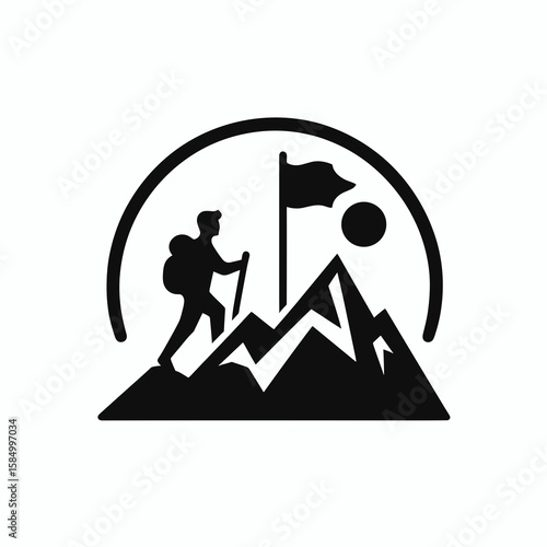 The image shows a person hiking up mountain. Cartoon Clipart Silhouette Vector Illustration Line Art Illustration. .