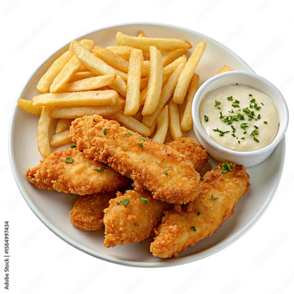 Crispy chicken tenders with fries and creamy dip served on white plate with garnish details Crispy chicken tenders with fries and creamy dip served on white plate with garnish details