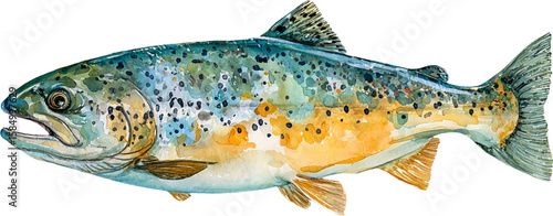 Watercolor painting of a brown trout fish isolated on transparent background