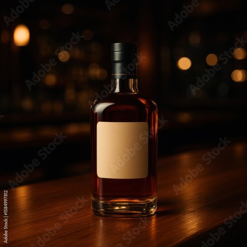 Bottle of amber whiskey sits elegantly on polished bar counter, illuminated by soft ambient lighting, creating warm and inviting atmosphere. blank label invites curiosity and imagination