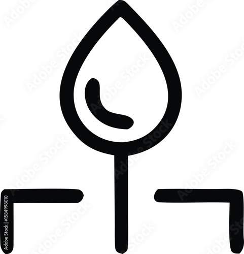A simple black and white line drawing of a stylized water droplet with a curved internal shape and two horizontal lines extending outwards from a central stem