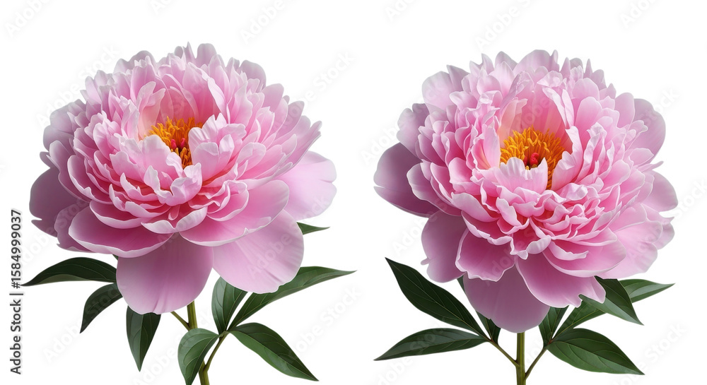Obraz premium Two beautiful pink peony flowers showcase intricate petal details against a stark transparent background, offering a vibrant floral botanical accent.