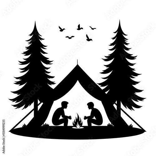 Two people camping by a campfire between pine trees with birds flying above tent