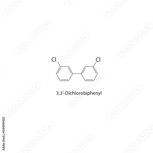 3,3’-Dichlorobiphenyl skeletal structure. halogen biphenyl compound schematic illustration. Simple diagram, chemical formula.
