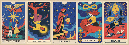 Set of stylized tarot cards in retro 1960s art style featuring The Lovers, Death, Hanged Man, Hermit, and Strength. Perfect for mystical, vintage, and spiritual design projects