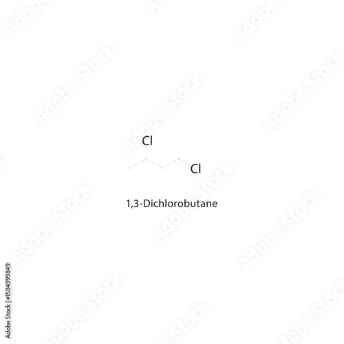 1,3-Dichlorobutane skeletal structure. halogen alkane compound schematic illustration. Simple diagram, chemical formula.