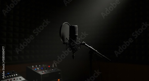 Professional condenser microphone with pop filter in a dark recording studio