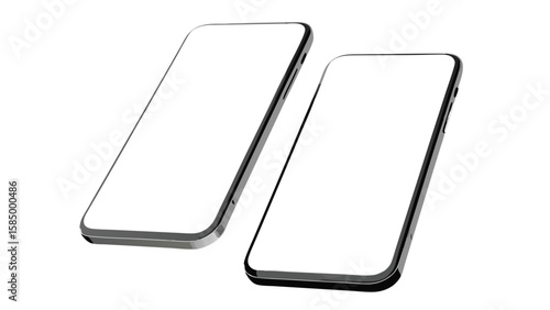 Two smartphones with blank white screens displayed at an angle on a plain white background in a studio shot