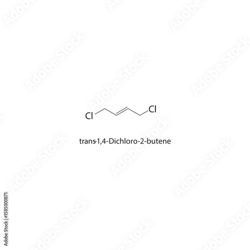 trans-1,4-Dichloro-2-butene skeletal structure. halogen alkene compound schematic illustration. Simple diagram, chemical formula.