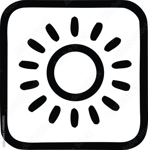 A simple black and white icon featuring a stylized sun with rays radiating outwards from a central circle enclosed within a rounded square border