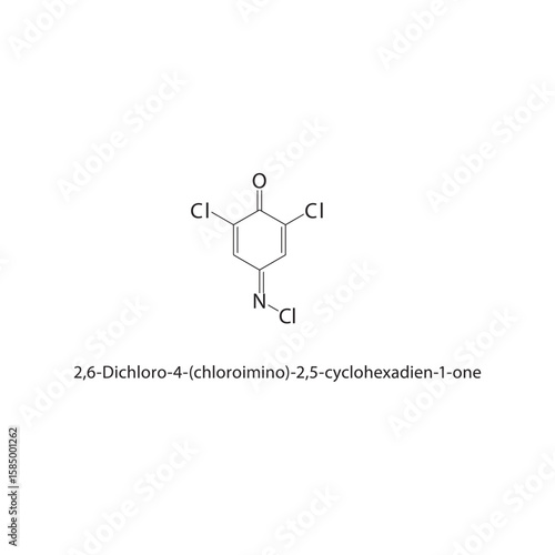 2,6-Dichloro-4-(chloroimino)-2,5-cyclohexadien-1-one skeletal structure. halogen ketone compound schematic illustration. Simple diagram, chemical formula.