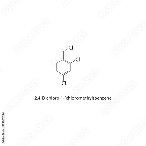 2,4-Dichloro-1-(chloromethyl)-benzene skeletal structure. halogen benzene compound schematic illustration. Simple diagram, chemical formula.