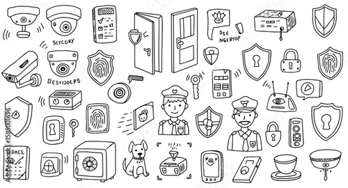 Hand-Drawn Security and Safety System Icons: Surveillance, Access  Protection Elements