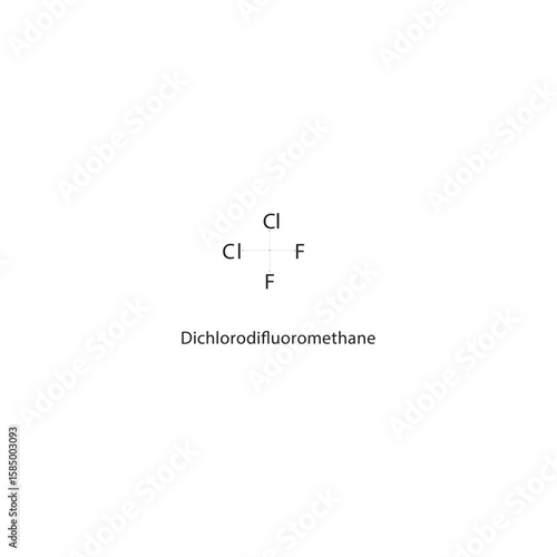 Dichlorodifluoromethane skeletal structure. halogen methane compound schematic illustration. Simple diagram, chemical formula.