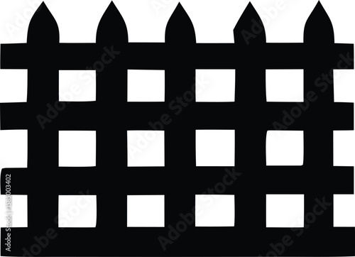 A stark black silhouette of a simple picket fence with pointed tops and horizontal crossbars against a white background