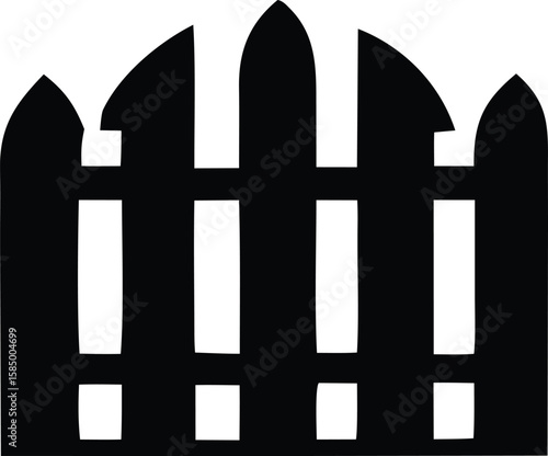 A stylized black silhouette of a picket fence with pointed tops and rectangular openings representing a simple boundary or garden element