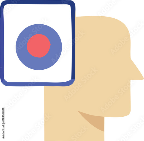 Abstract illustration of a human head profile with a blue bordered square containing red and blue concentric circles inside the head