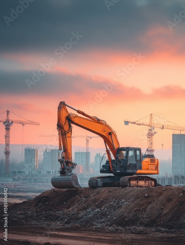 Excavation operation at construction site urban landscape industrial machinery dusk setting dynamic viewpoint