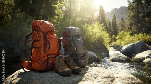 The hiking backpacks and boots resting on a rock by the river.
