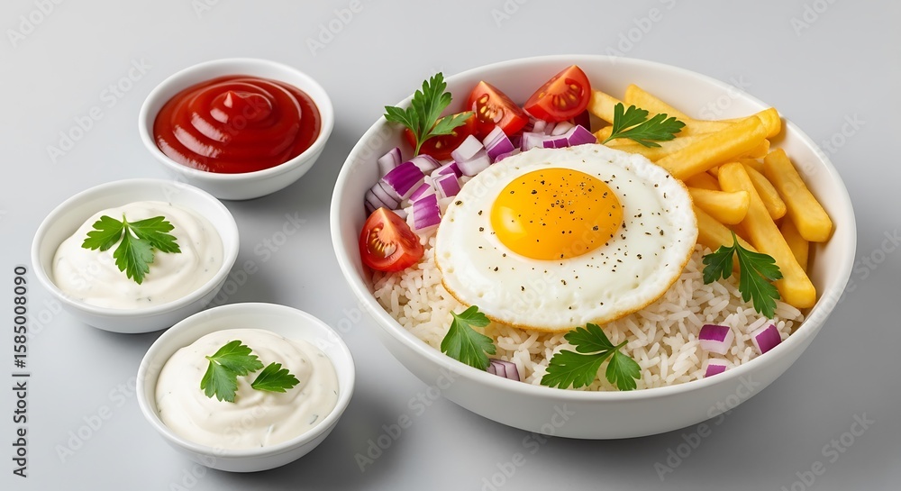 Delicious fried egg rice bowl with french fries, fresh tomatoes, red onions, ketchup, and creamy mayonnaise dipping sauces; vibrant, appetizing food photography. Delicious fried egg rice bowl with french fries, fresh tomatoes, red onions, ketchup, and creamy mayonnaise dipping sauces; vibrant, appetizing food photography.
