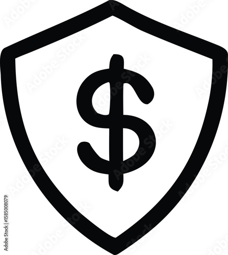 Black outline of a shield with a dollar sign inside representing financial security and protection of money