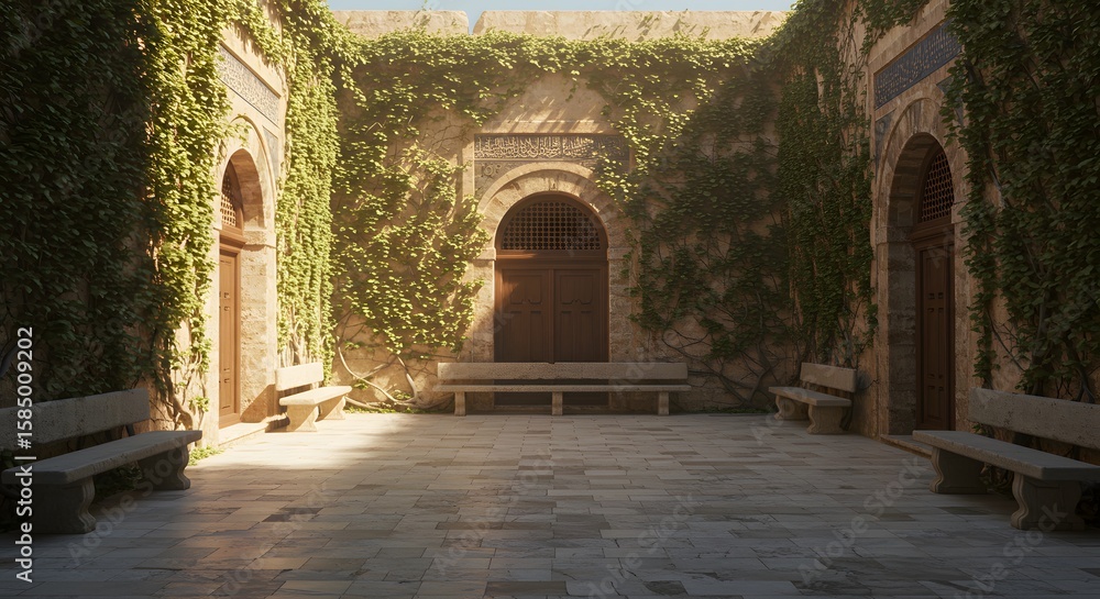 Fototapeta premium An outdoor courtyard with arched doorways, stone benches, and walls covered in ivy, bathed in sunlight.