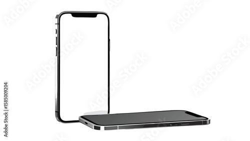 Two smartphones one standing upright and the other lying flat on a white surface in a studio shot