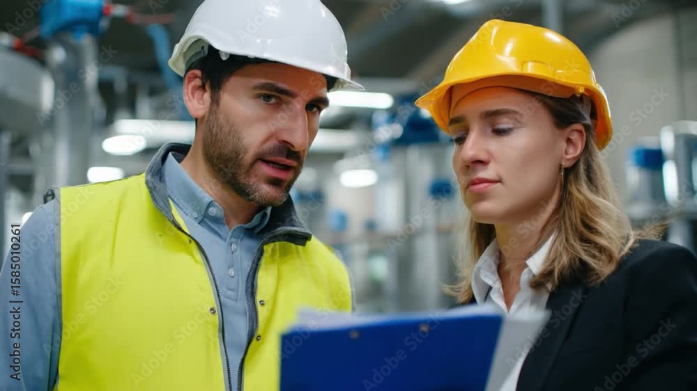 Team of Engineers review the Paperwork: Close-up shot of two engineers focused on scrutinizing blueprints. Team of Engineers review the Paperwork: Close-up shot of two engineers focused on scrutinizing blueprints.