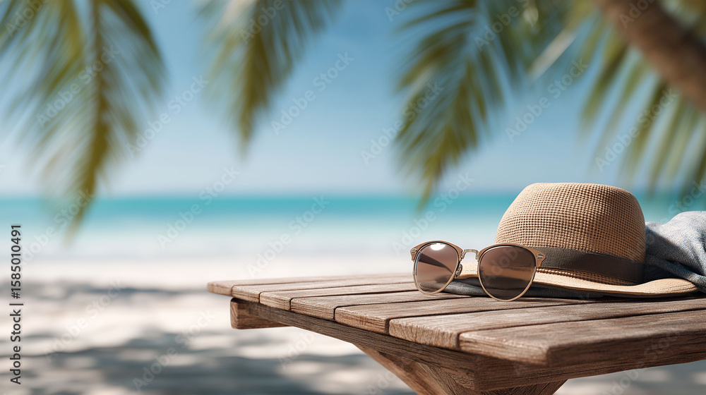 Obraz premium Coastal relaxation: A sun hat and sunglasses rest serenely on a wooden surface, with a backdrop of serene ocean waves and swaying palm trees in this idyllic beach scene, symbolizing leisure.